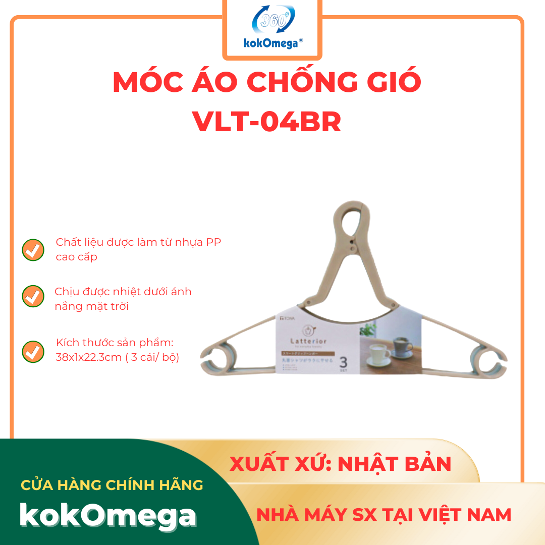 Móc Áo Nhựa Chống Gió 3 Cái kokOmega Nhật Bản - VLT-04BR