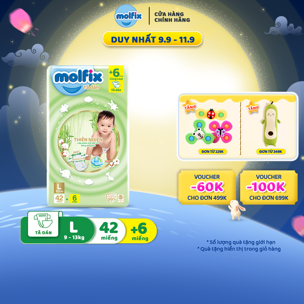 Tã/bỉm dán Molfix Thiên nhiên Jumbo L (9kg - 13kg) - Gói 40+6 miếng