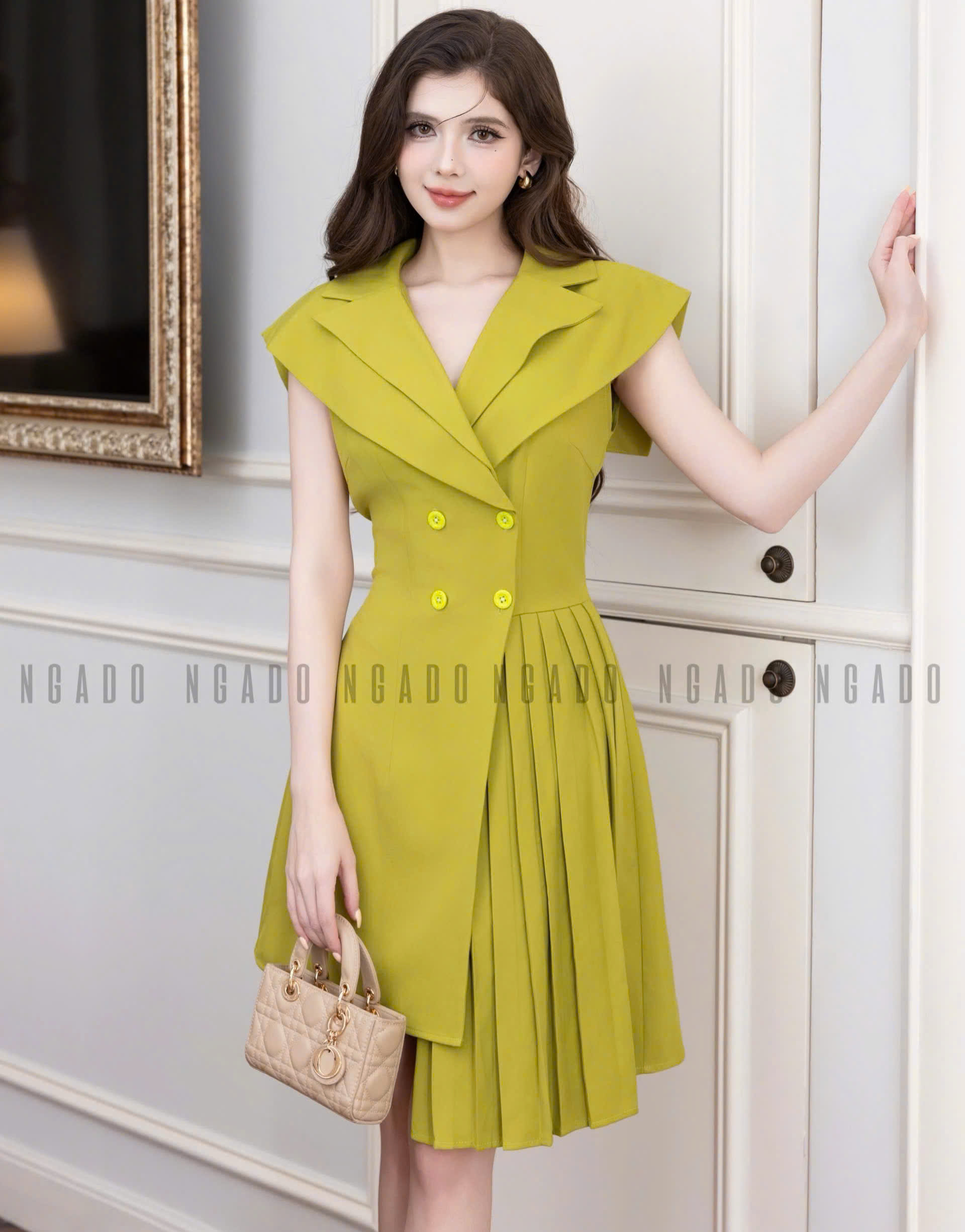 Đầm xanh bơ xếp ly NGADO , đầm nữ , đầm công sở , dự tiệc