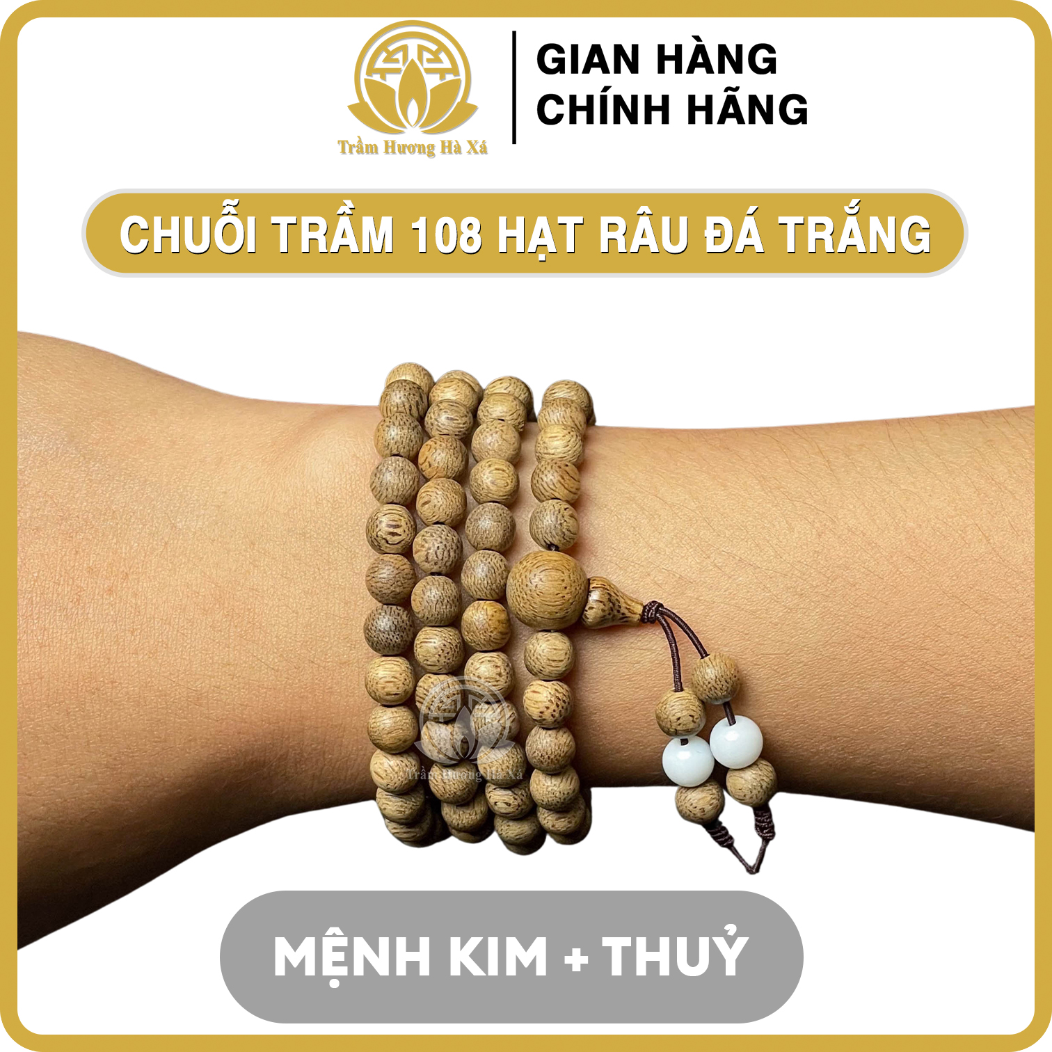 Vòng tay trầm hương chuỗi 108 hạt râu mix đá màu mệnh kim mộc thủy hỏa thổ Trầm Hương Hà Xá