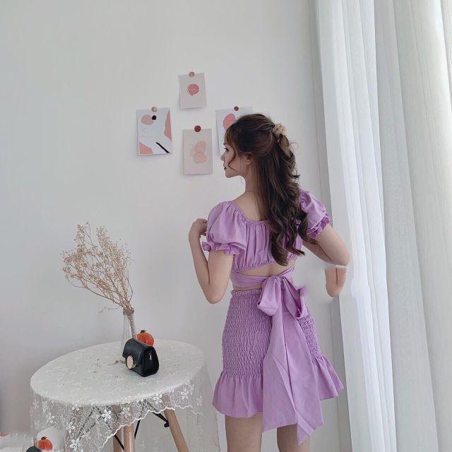 Set áo cột nơ phối chân váy nhún