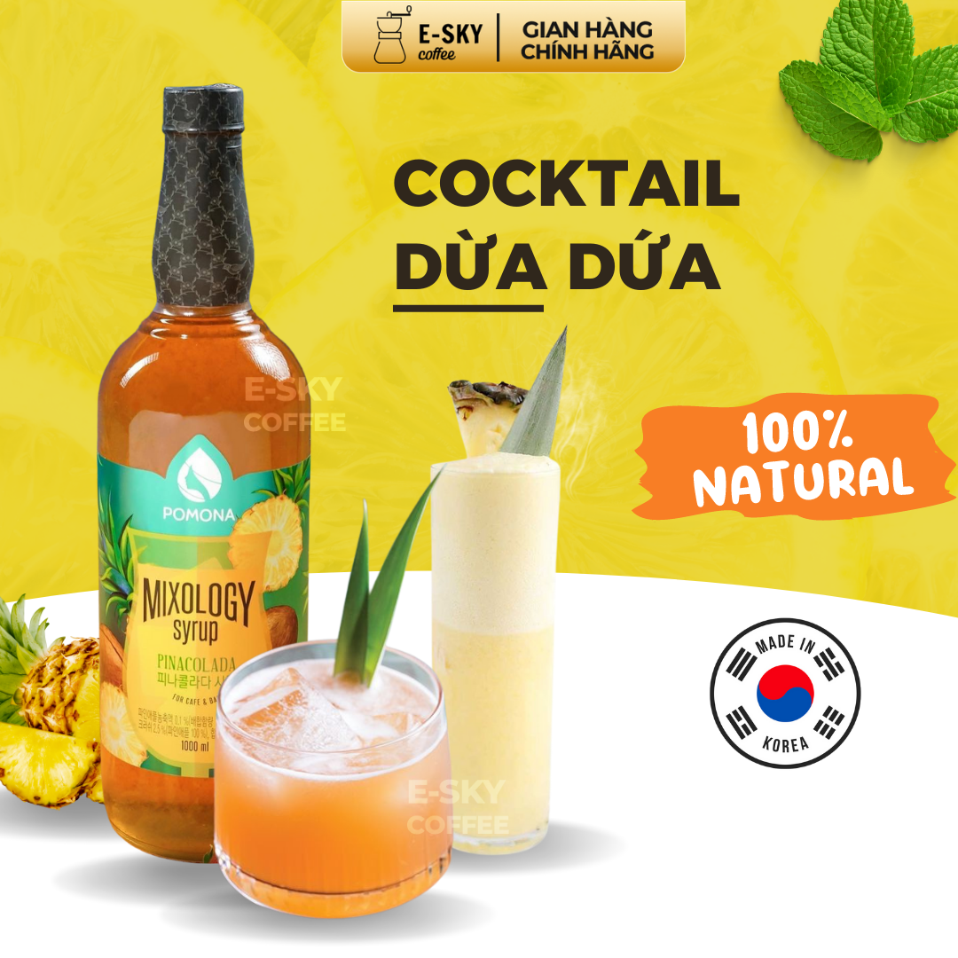 Siro Dừa Dứa Pomona Pinacolada Syrup Nguyên Liệu Pha Chế Hàn Quốc Chai Thủy Tinh 1 Lít