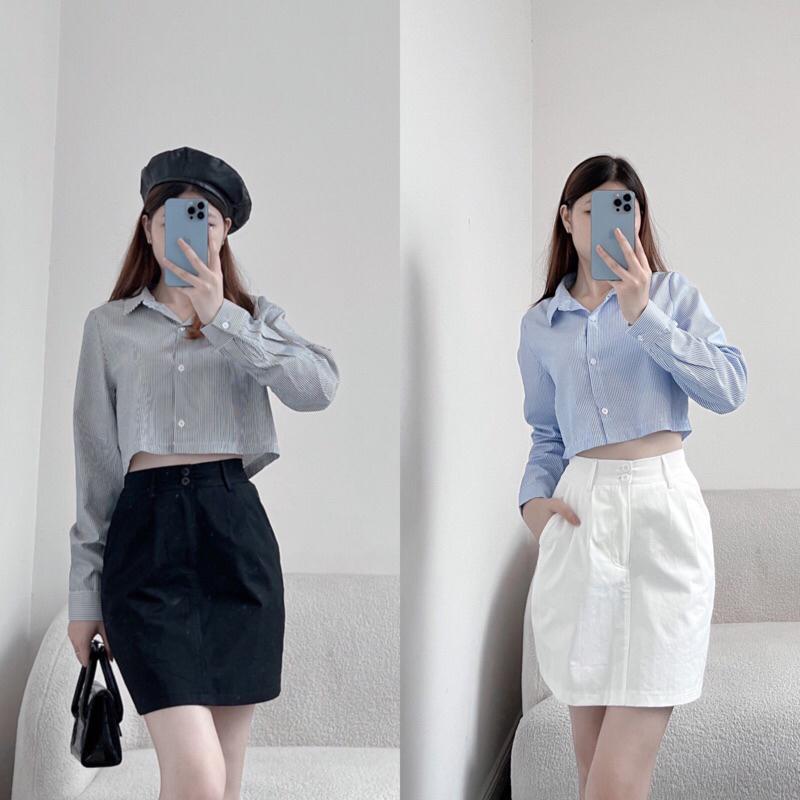 Áo sơ mi nữ GERME avnd042303 dài tay croptop kẻ sọc dọc dáng ngắn thiết kế