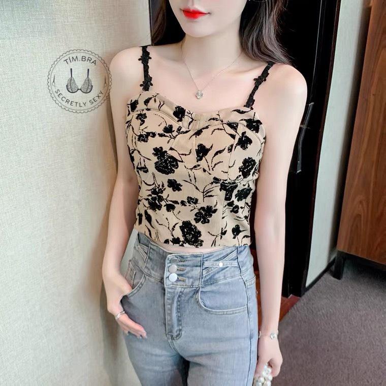 Áo 2 dây nữ hoa hồng có mút ngực sexy Tặng kèm choker, Áo croptop nữ nhún sau chất cotton mềm mịn M16