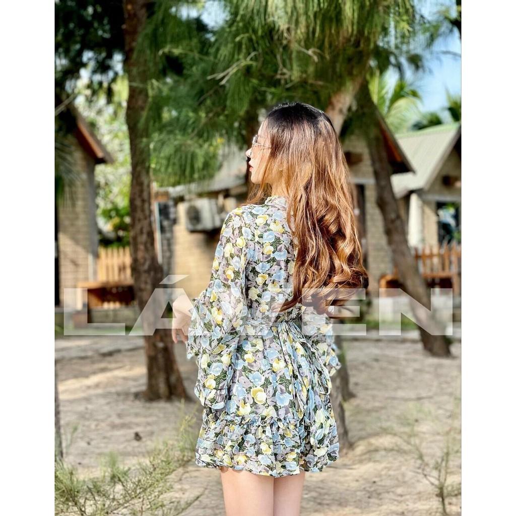 Đầm xoè hoa tay loe cao cấp kèm dây buộc eo