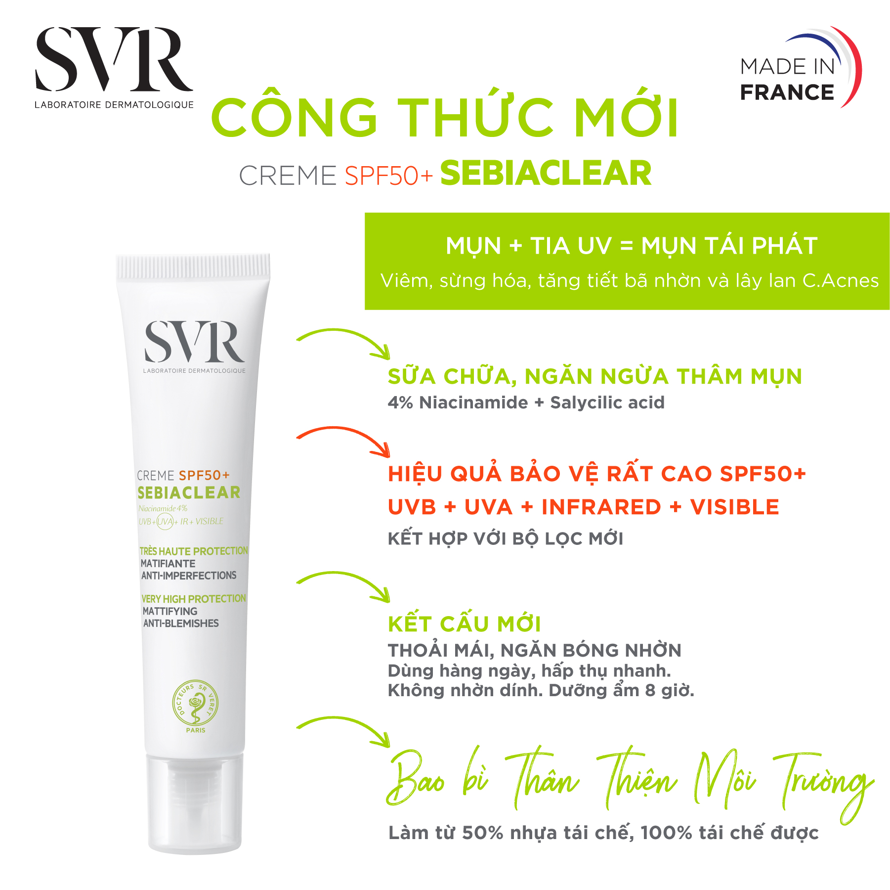 Kem làm giảm mụn và chống nắng SPF50 SVR Sebiaclear Creme SPF50 50ml (Nhập khẩu)