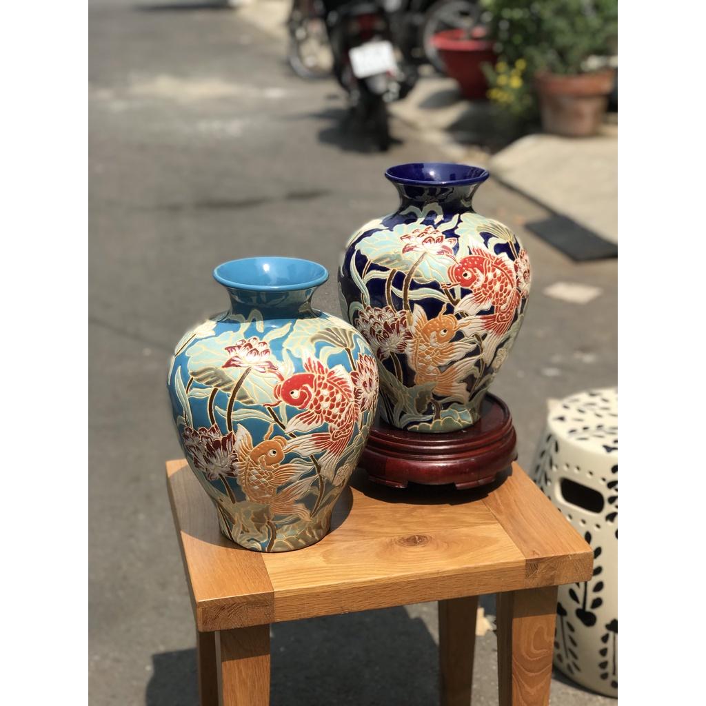 Bình Sen Cá Chép Gốm Sứ Thủ Công Nam Bộ Decor Trang Trí Cắm Hoa 34cm