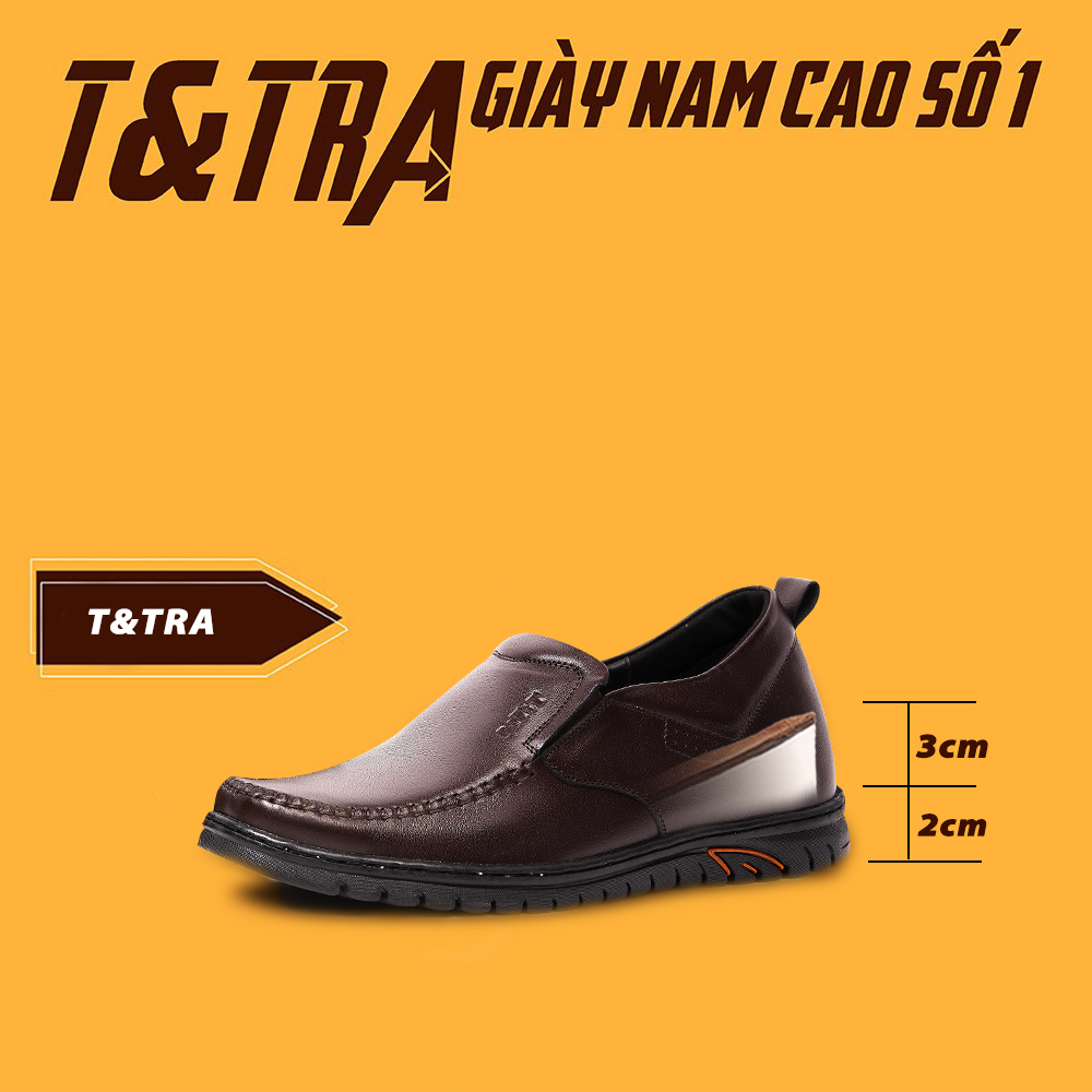 Giày Tăng Chiều Cao Nam T&amp;TRA Tăng Cao 5Cm- S1064 Nâu Tối- Chất Liệu Da Bò Cao Cấp, Đế Cao Su Đúc, Phần Tăng Cao Ẩn Bên Trong