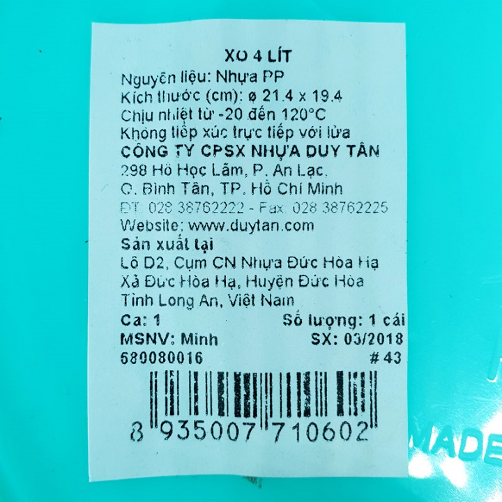 Combo 5 Xô nhựa không nắp 4 lít Duy Tân No.H060 (21.4 x 19.6 x 18.3 cm) Giao màu ngẫu nhiên