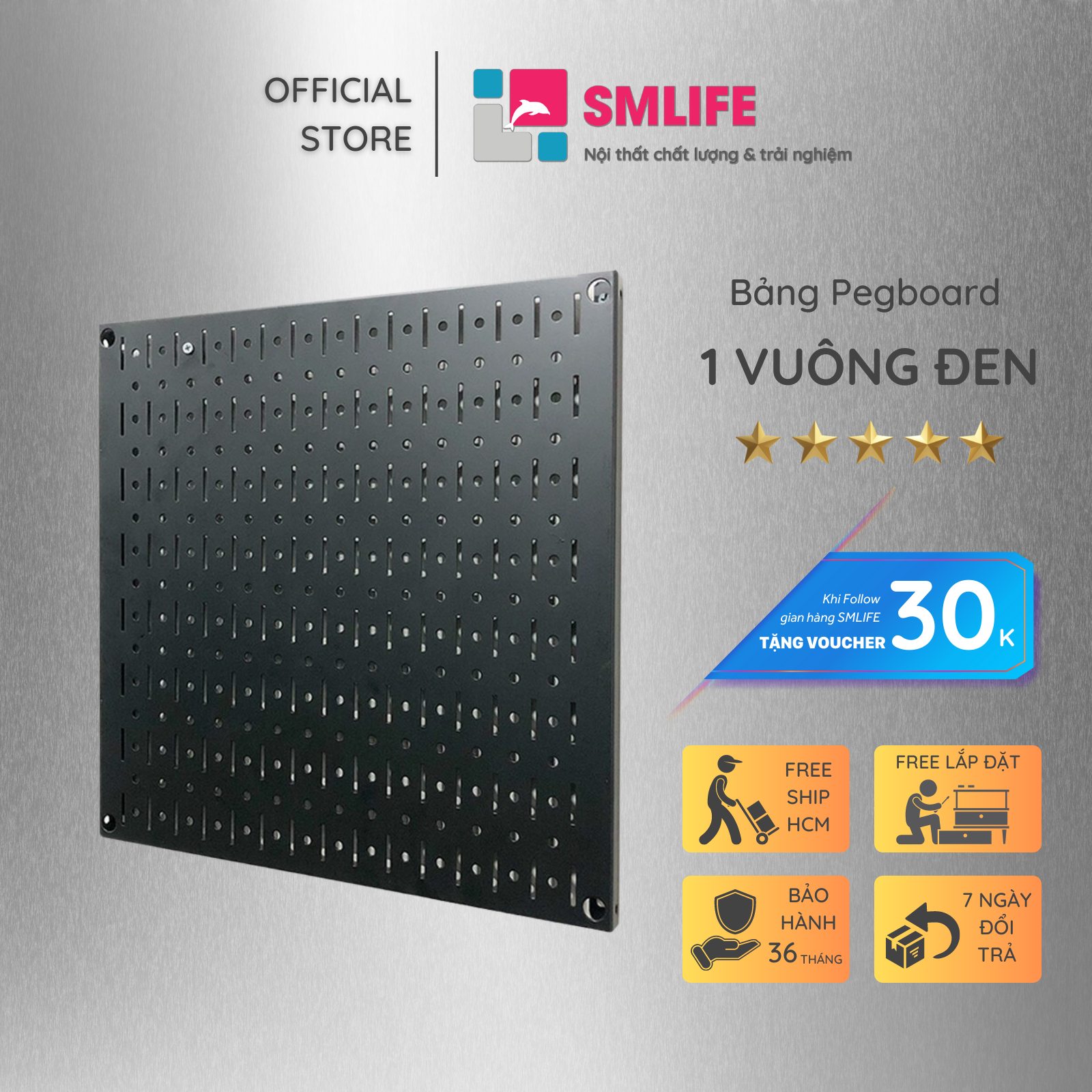Bảng treo dụng cụ Pegboard vuông 40×40 – Đen