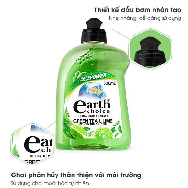 Nước rửa chén gốc thực vật đậm đặc hương chanh và trà xanh Earth Choice Úc 500ml