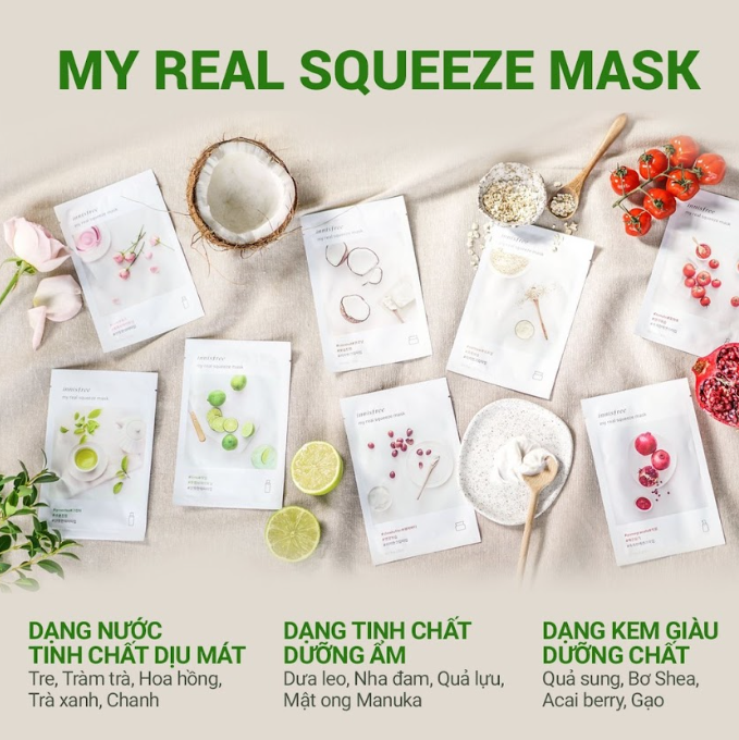 Bộ 20 Mặt nạ giấy dưỡng da Hàn Quốc innisfree My Real Squeeze Mask 22ml (giao ngẫu nhiên)