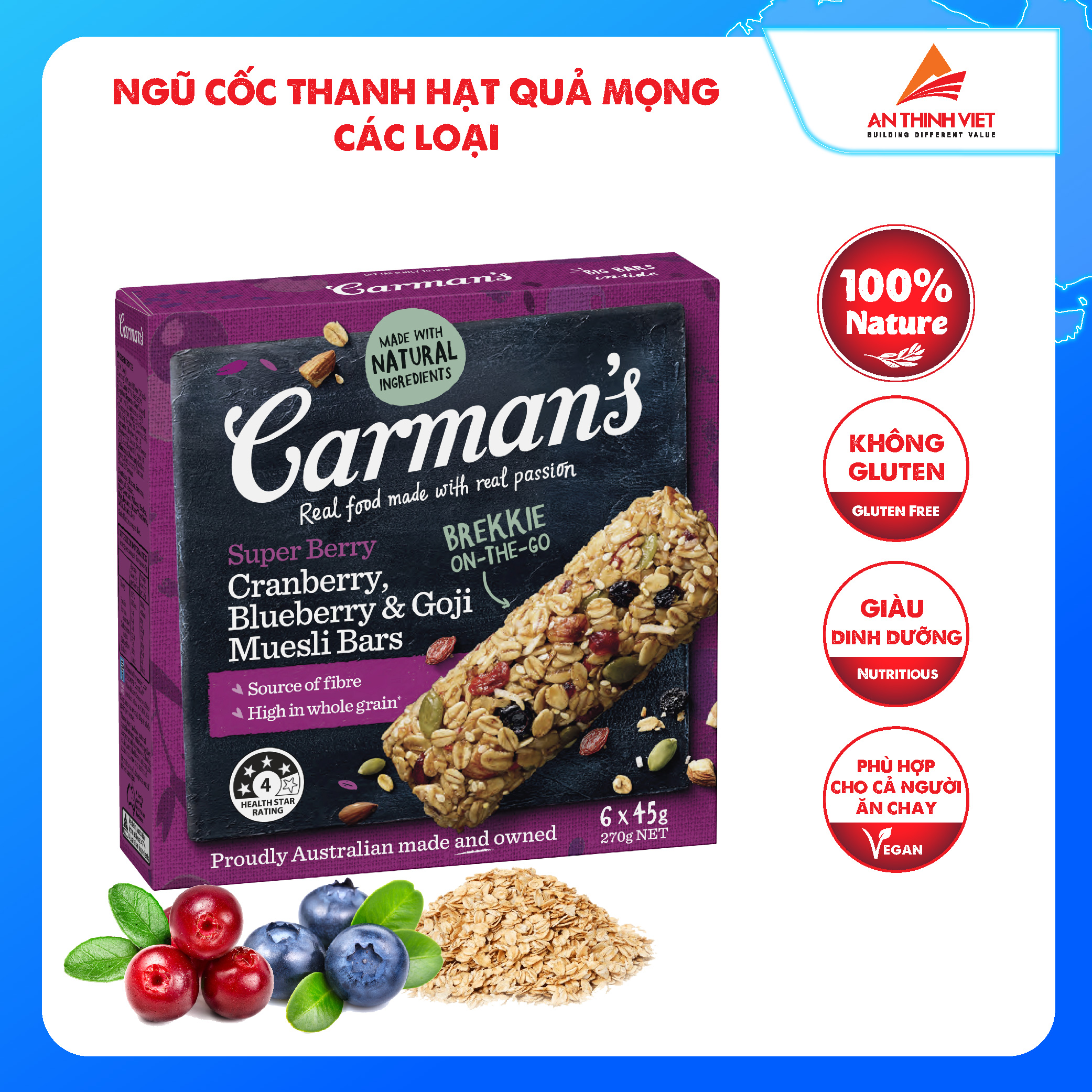 Thanh Ngũ Cốc Carman's Super Berry Muesli Bar Cranberry, Blueberry, Goji - 270g