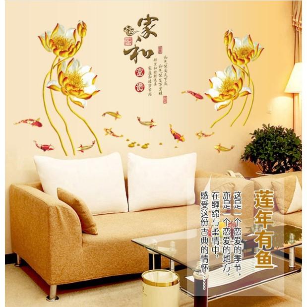 Decal trang trí tường - Hoa Sen Vàng Sáng chữ tàu sang trọng