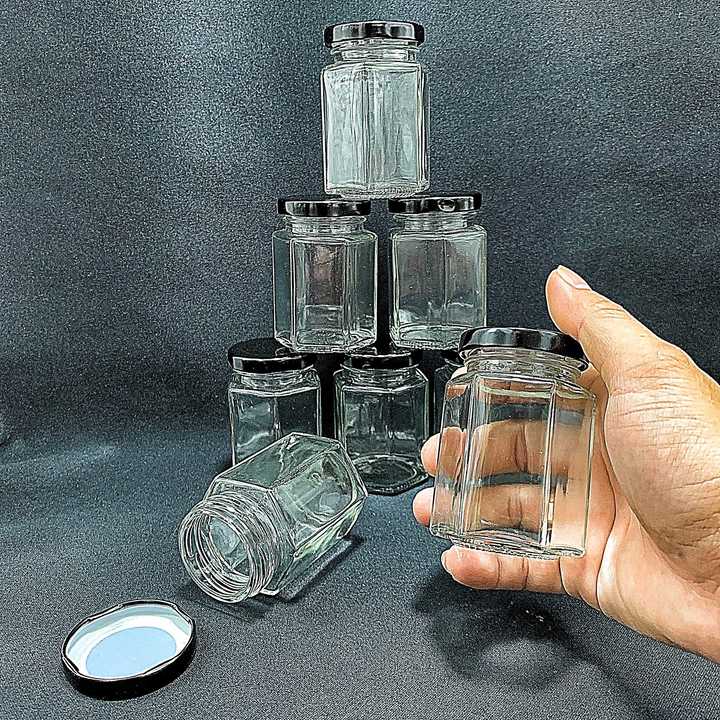 Lọ thủy tinh nhỏ 100ML mẫu lục giác nắp thiếc đen – Hũ chưng yến - Đựng mật ong, yến chưng, dầu dừa, thức uống, sữa chua, thực phẩm, hủ gia vị
