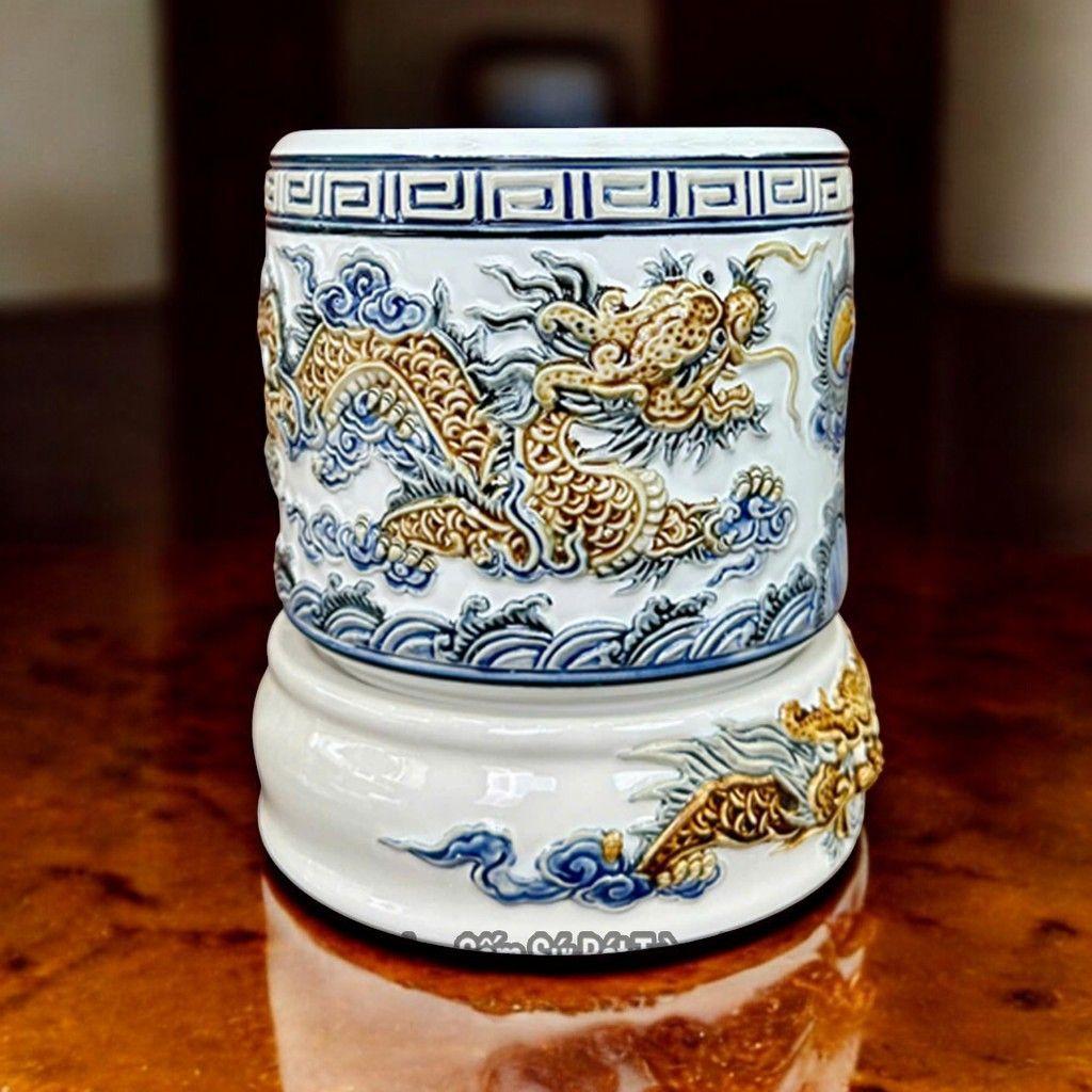 Bát Hương Gốm Sứ Bát Tràng RỒNG VIỆT, Lư Hương Thờ Cúng Cao Cấp Đắp Nổi Rồng Phượng Men Trắng