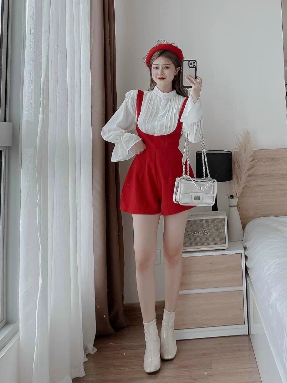 SET ĐẦM YẾM JUMPSUIT ĐỒ BAY NGẮN TRƠN QUẦN ỐNG RỘNG LƯNG CAO + ÁO SƠ MI TAY BỒNG DẠO PHỐ DỰ TIỆC GIÁNG SINH NOEL