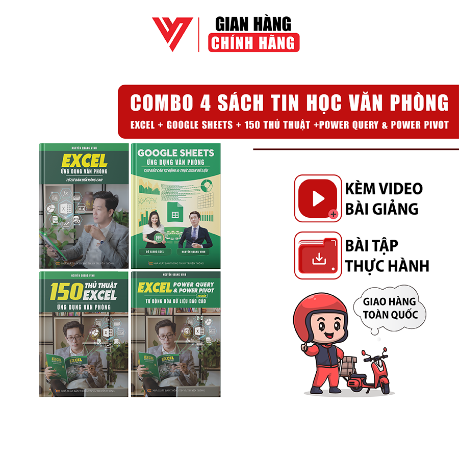 Combo 4 Sách Excel - Google Sheet - 150 TT - Power Query ĐÀO TẠO TIN HỌC Ứng Dụng Văn Phòng Kèm Video Khóa Học