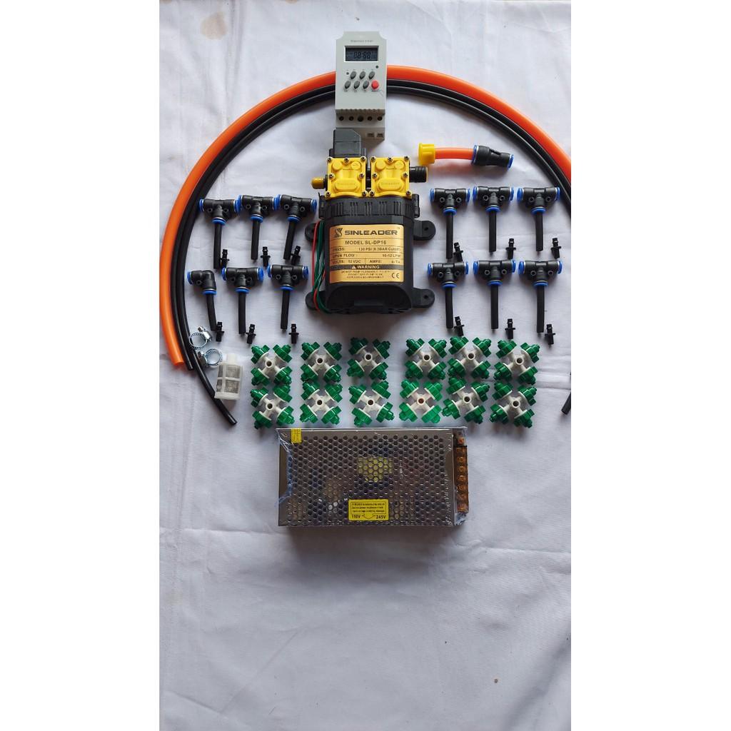 Bộ phun sương, tưới lan. Bơm đôi sinleader kèm nguồn 12V-10A. Bộ hẹn giờ 12 béc 4 hướng. 20m dây phun....