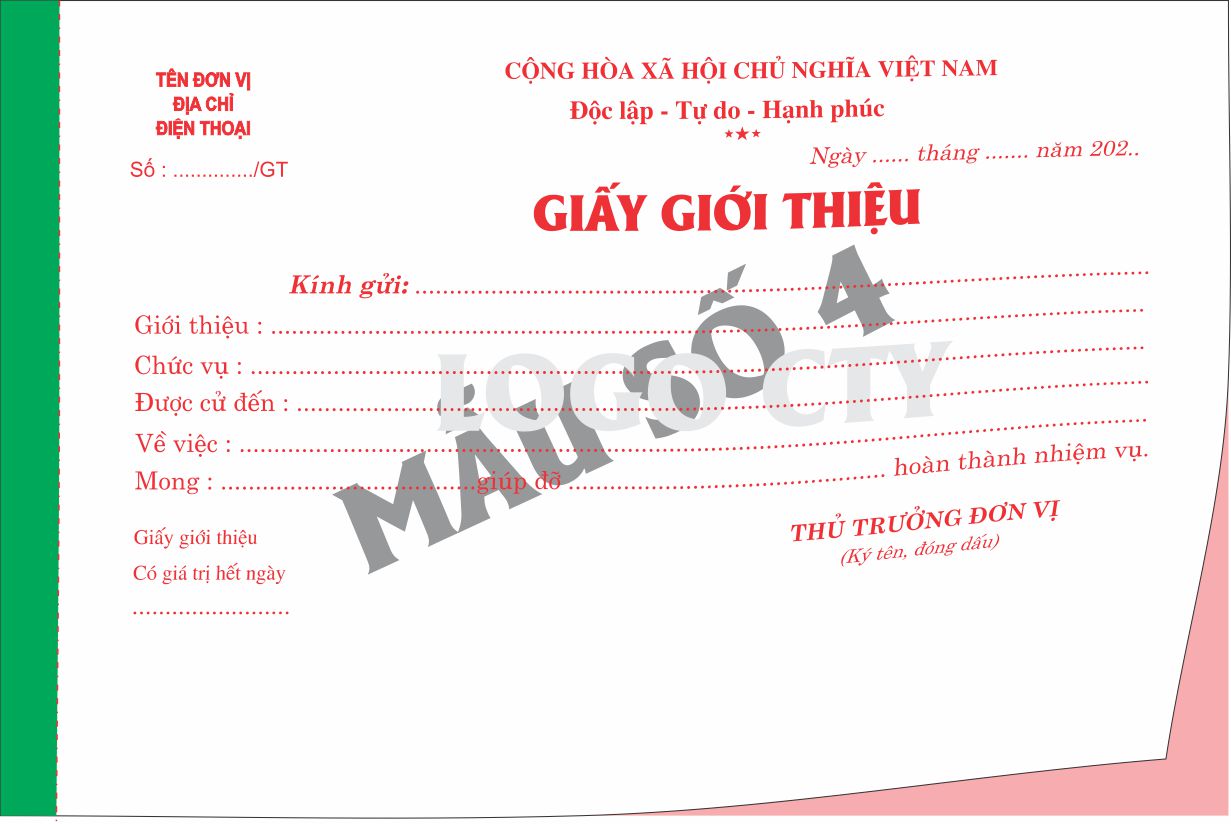 Giấy giới thiệu 2 liên-block 10-chọn mẫu in tên