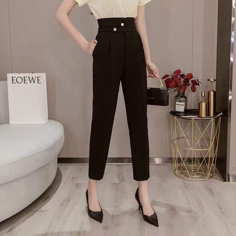 quần tây công sở nữ vải tuyết mưa dáng baggy cạp cúc lệch lưng cao