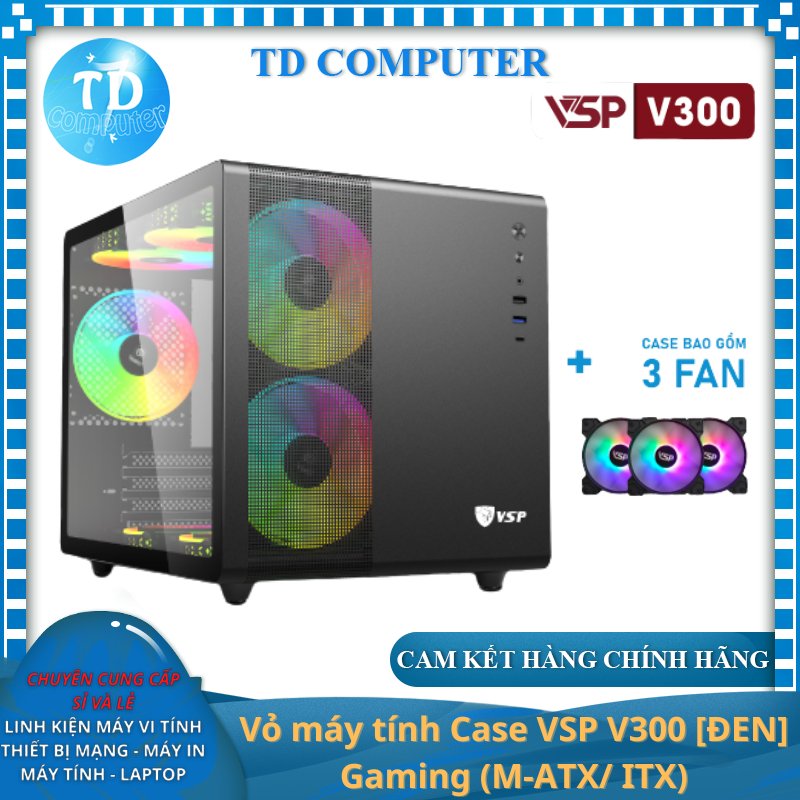 Vỏ máy tính Case VSP V300 [ĐEN] sẵn 3 Fan LED ARGB Gaming Kính cường lực (M-ATX/ ITX) - Hàng chính hãng VSP phân phối