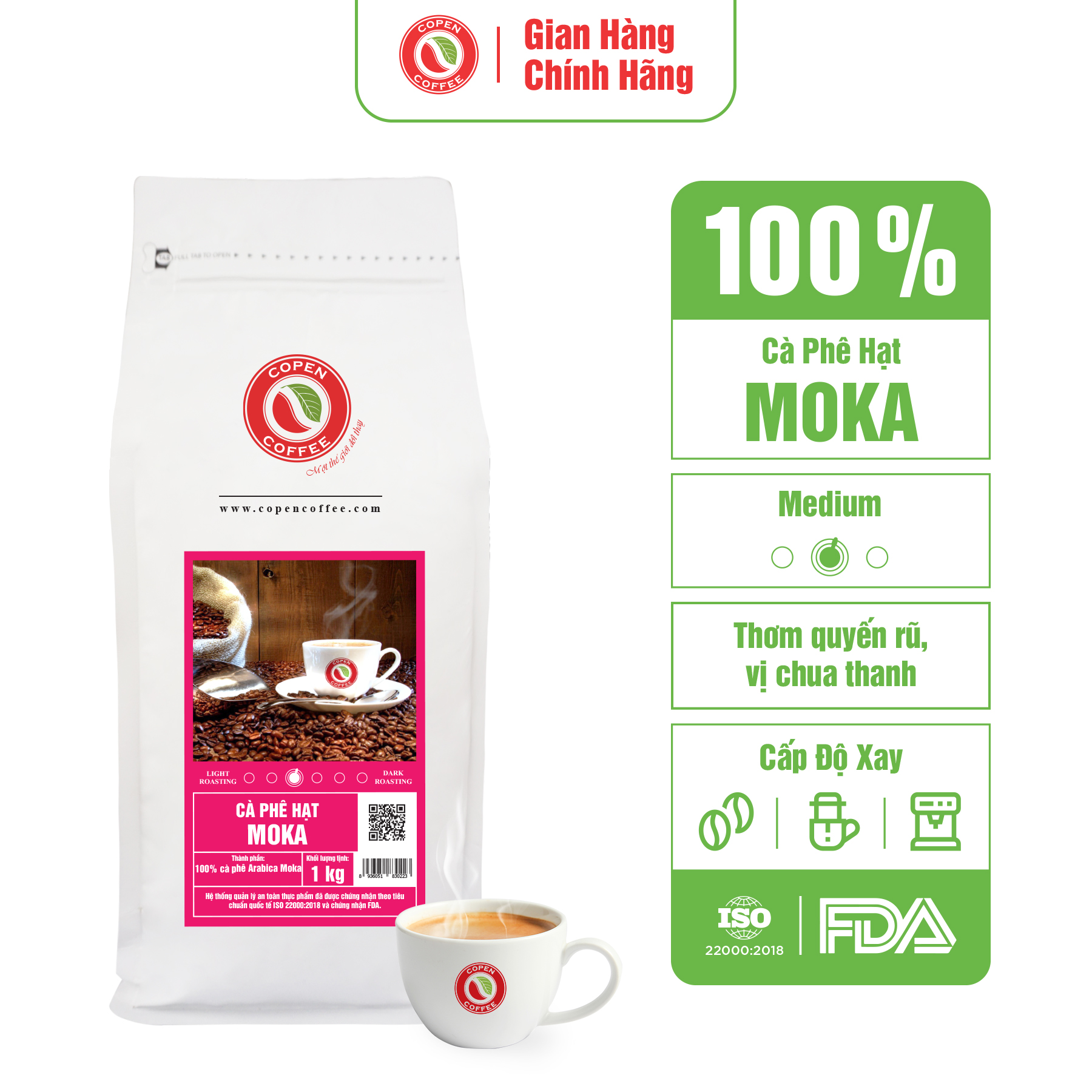 Cà phê hạt Copen coffee Moka 1kg (Xay Pha Phin)