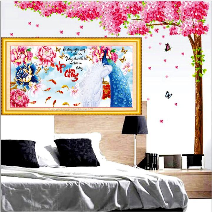 Tranh đính đá - Tranh thêu chữ thập vợ chồng chim công hoa mẫu đơn - size: 103*50cm
