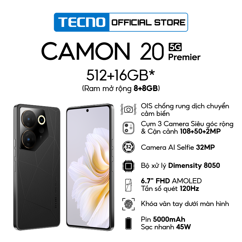 Điện thoại Tecno CAMON 20 Premier 5G - 8GB/512GB | Dimensity 8050| Cụm Camera 108+50+ 2MP | AMOLED - Tần số quét 120Hz - Hàng chính hãng