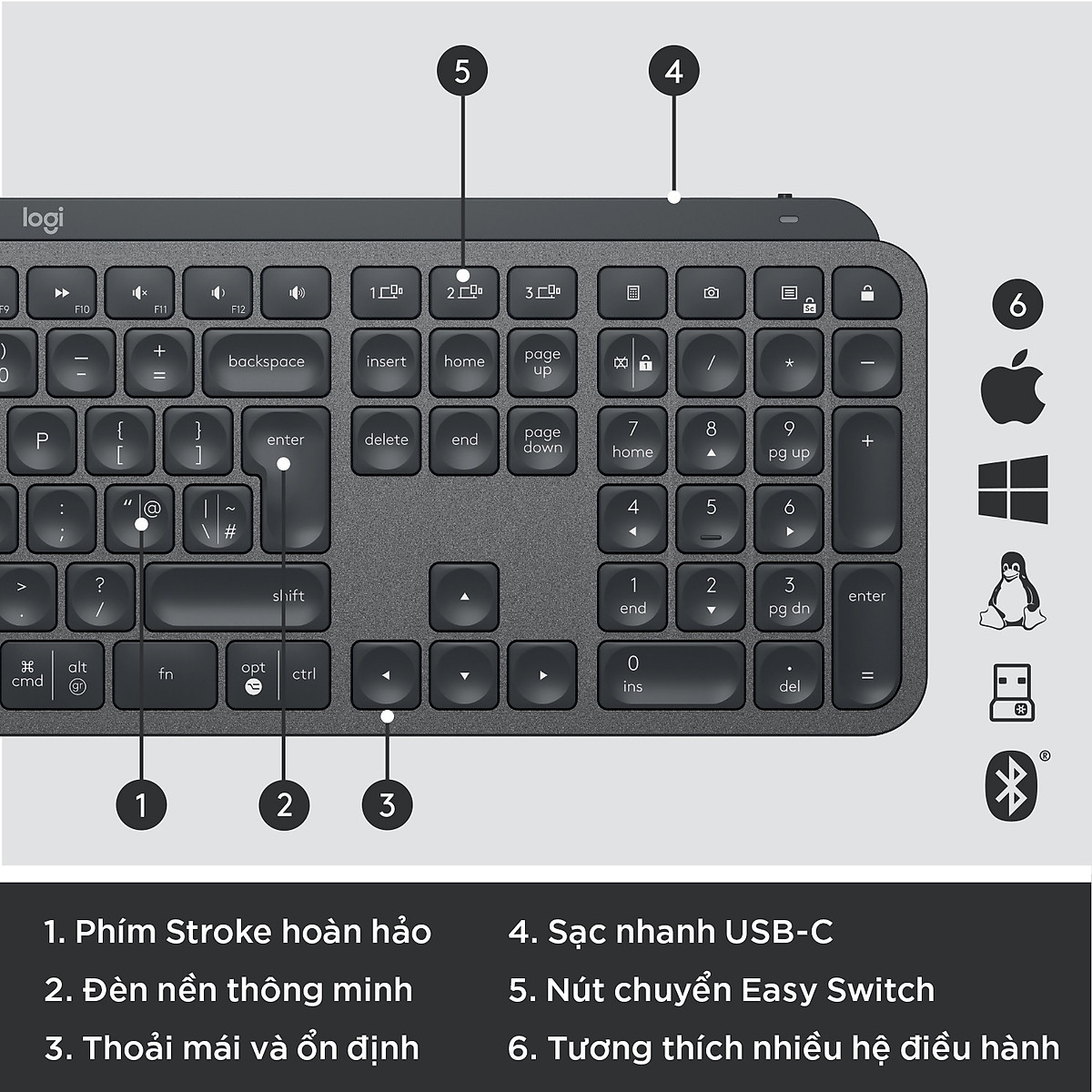 Bàn phím không dây Bluetooth Logitech MX Keys - đa thiết bị, sạc nhanh, Mac/ PC -Hàng chính hãng