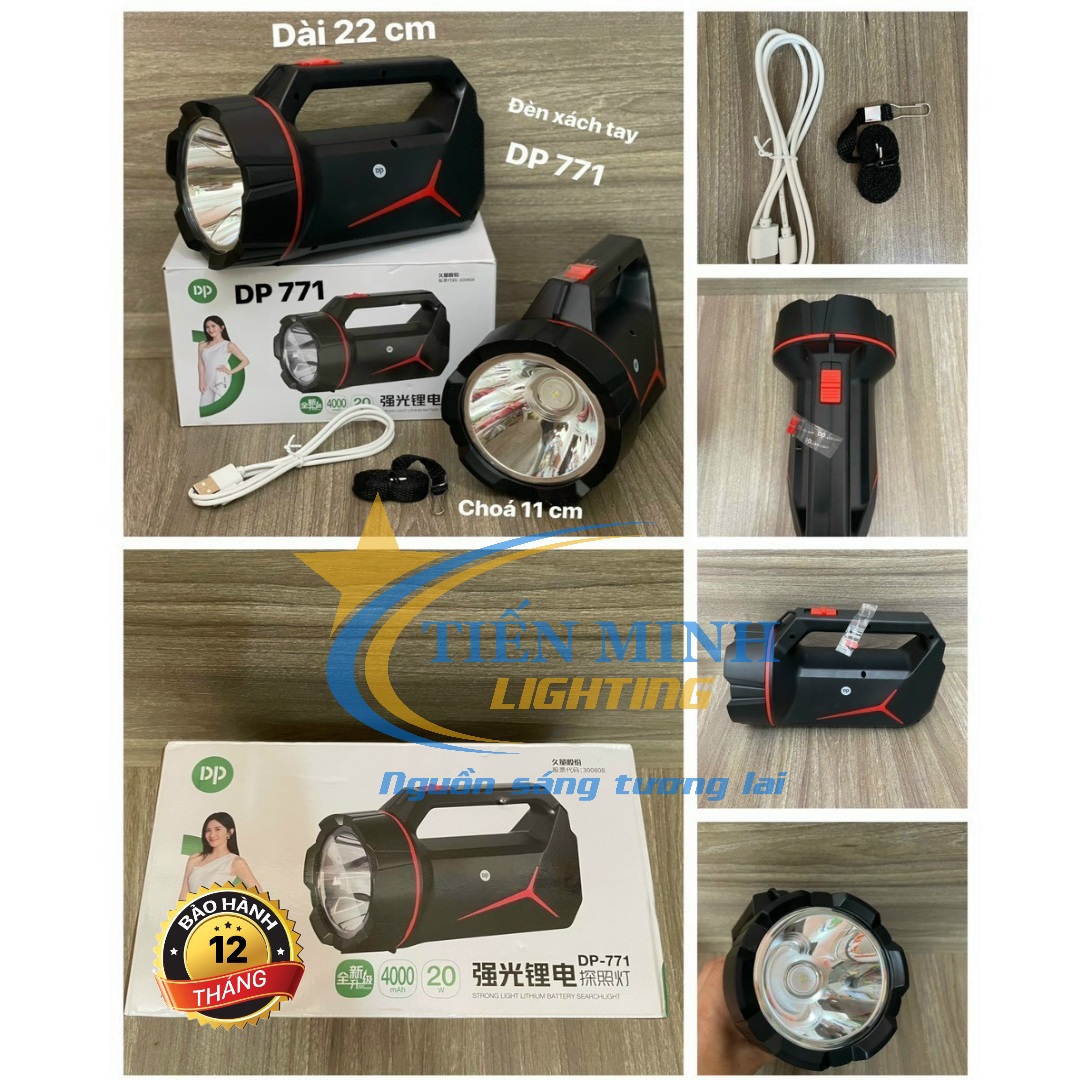 Đèn Pin xách tay DP-771, chóa 11cm, chế độ sáng mạnh/yếu, ánh sáng pin/khẩn cấp, chất liệu nhựa ABS không độc hại
