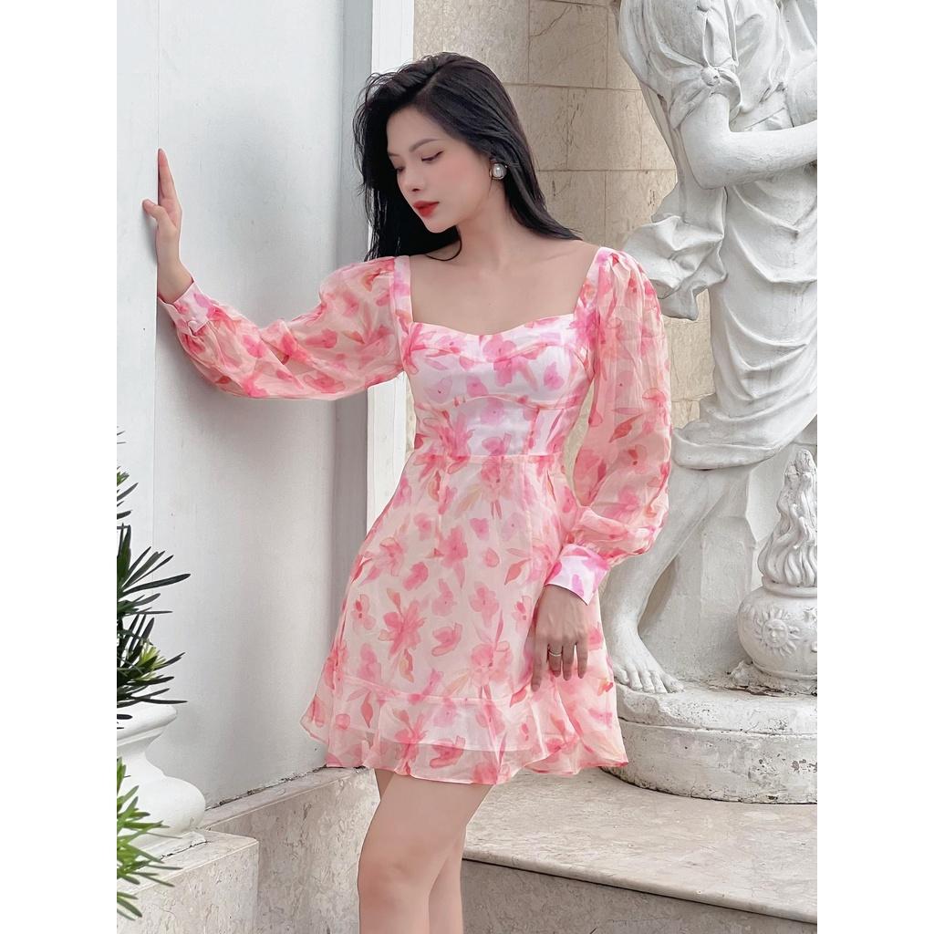 RECHIC Đầm Ngắn Vience họa tiết hoa cổ vuông tay dài cột dây lưng thời thượng xinh xắn