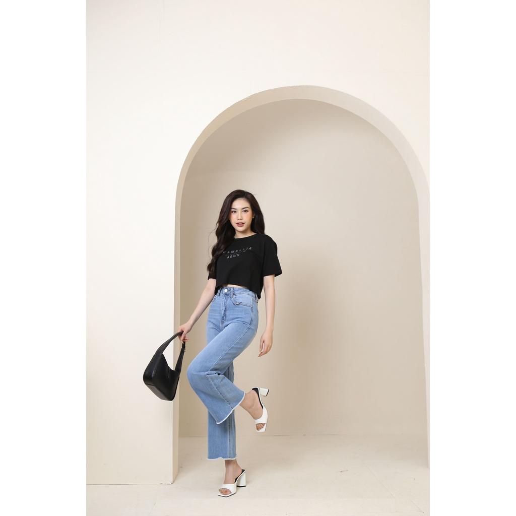 Quần Jean Nữ Ống Rộng Lưng Cao Trơn Gấu Tua Rua CT Jeans