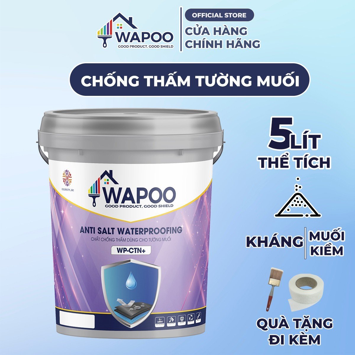 Sơn Chống Thấm Tường Nhà Wapoo WP-CTN+, Dung Tich 5L - Chống Thấm Ngược, Trần Nhà, Tường Muối, Khô Nhanh