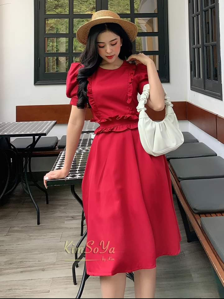 Đầm tay phồng đỏ đô bèo eo vải dày dặn hàng cao cấp