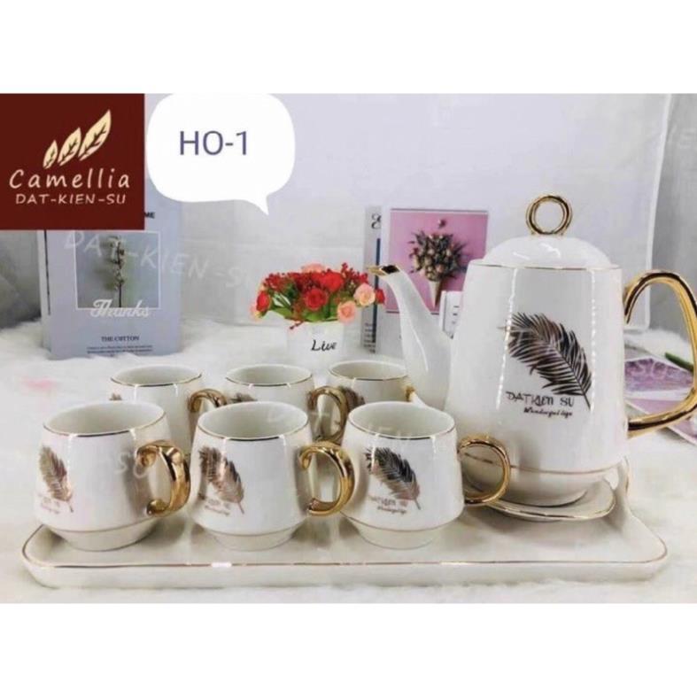 Bộ ấm chén kèm khay sứ in hình lá BP