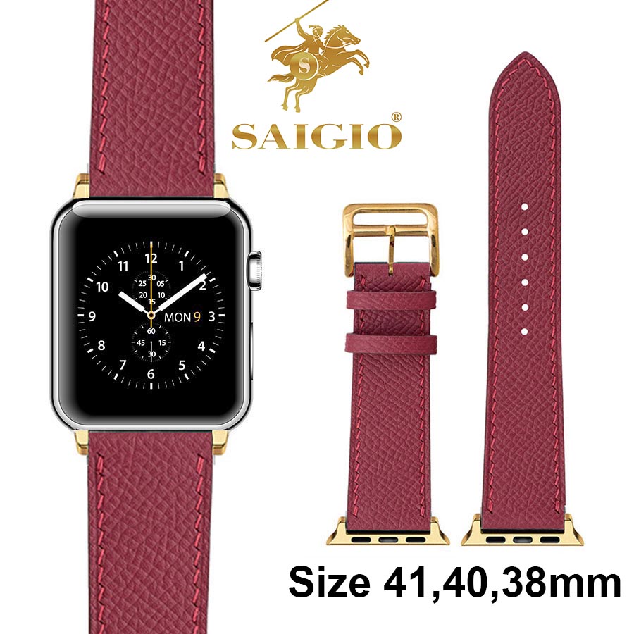 Dây Đồng Hồ Apple Watch 41mm 40mm 38mm, Chất Liệu Da Bê EPSOM Thảo Mộc Cao Cấp, Nhập Khẩu Từ Châu Âu, Dây Đeo Phong Cách Hiện Đại và Sang Trọng, Tương Thích Các Phiên Bản Series 8/7/6/5/4/3/2/1/SE/SE2 - Đỏ Burgundy - ADAPTER VÀNG