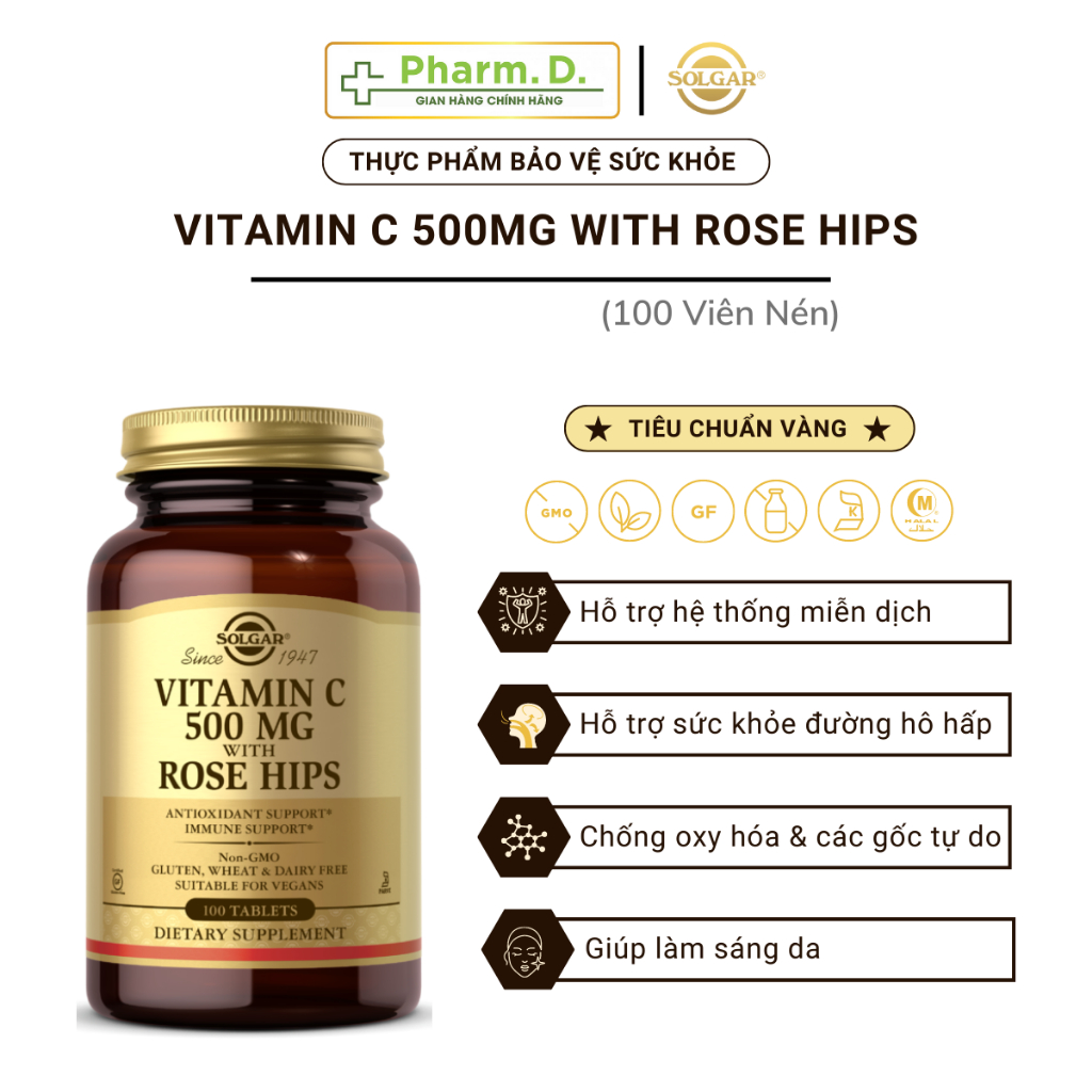 Viên Uống Bổ Sung Vitamin C, Tăng Đề Kháng, Chống Oxy Hóa với Dầu Tầm Xuân Solgar Vitamin C 500mg With Rose Hips (Hộp 100 Viên)