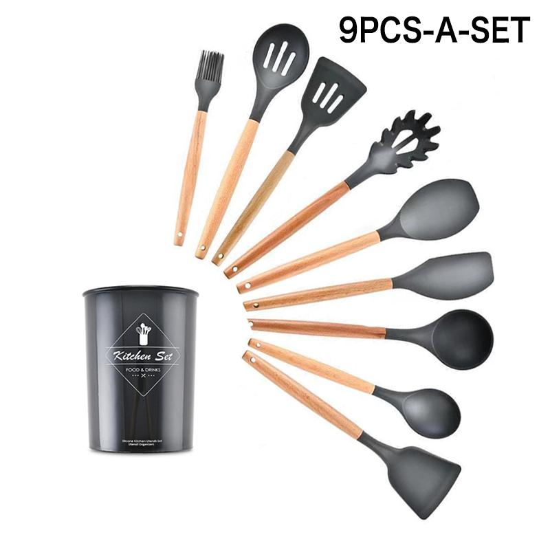 Ốp Đồ Dùng Nhà Bếp Thân Thiện Với Môi Trường Nấu Ăn Bộ Chịu Nhiệt Tay Cầm Bằng Gỗ Với Hộp Lưu Trữ Phụ Kiện Nhà Bếp