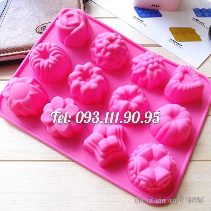 Khuôn silicon làm bánh, rau câu, socola 12 hoa tổng hợp - Mã số 1096