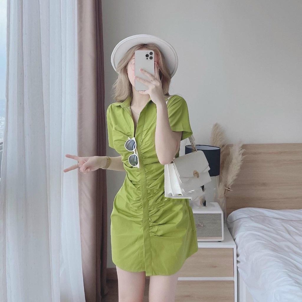 FREESHIP Đầm Cổ Sơ mi Nhún Cài Nút Thật Chất lụa mềm Cao Cấp thiết kế gợi cảm quyến rũ KDS