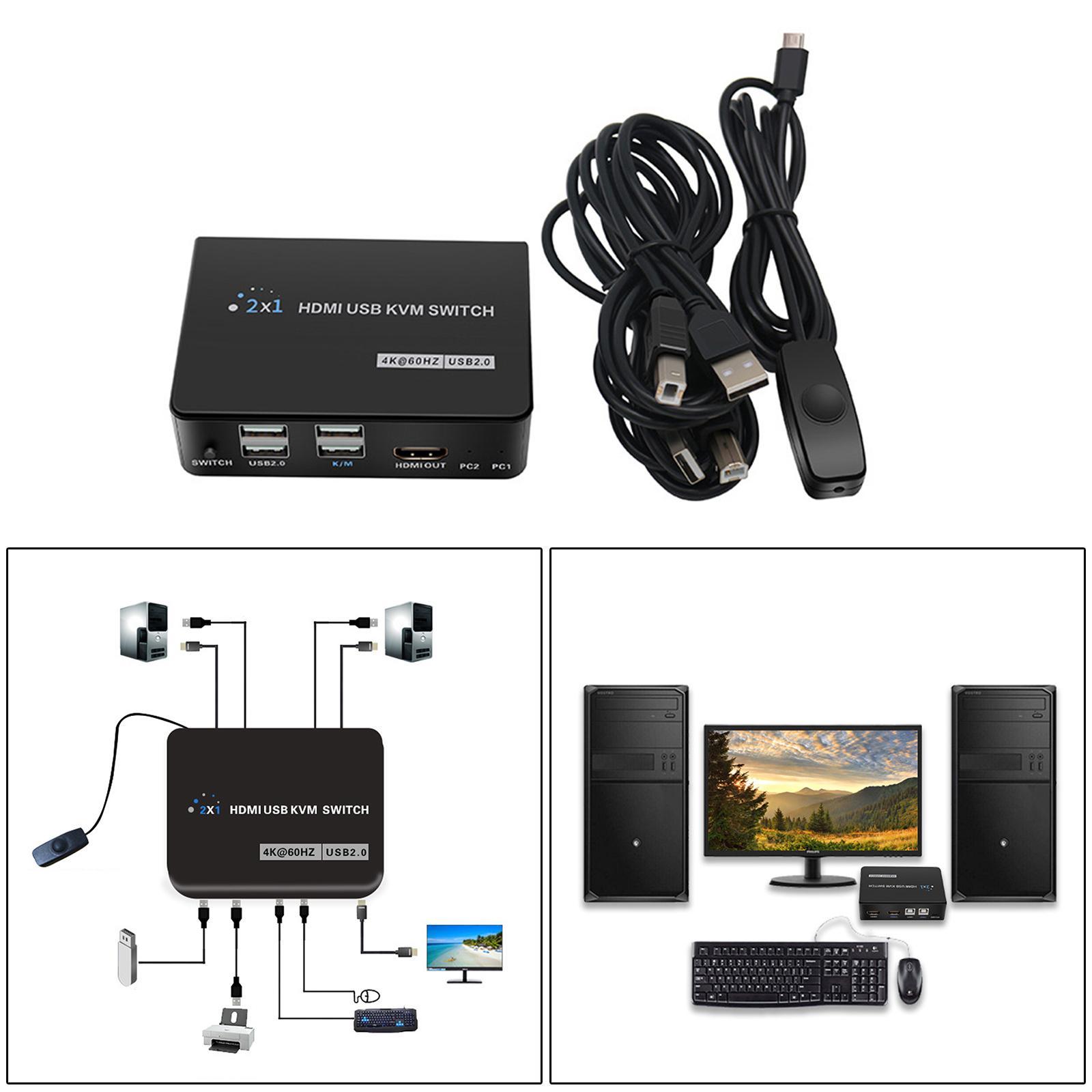 2x HDMI KVM Switch 2 Port Box, 2 USB 2.0 Hub, UHD 4K@60Hz, 2 in 1 Out, USB Powered, Share 1 Set Keyboard Mouse Printer And Monitor