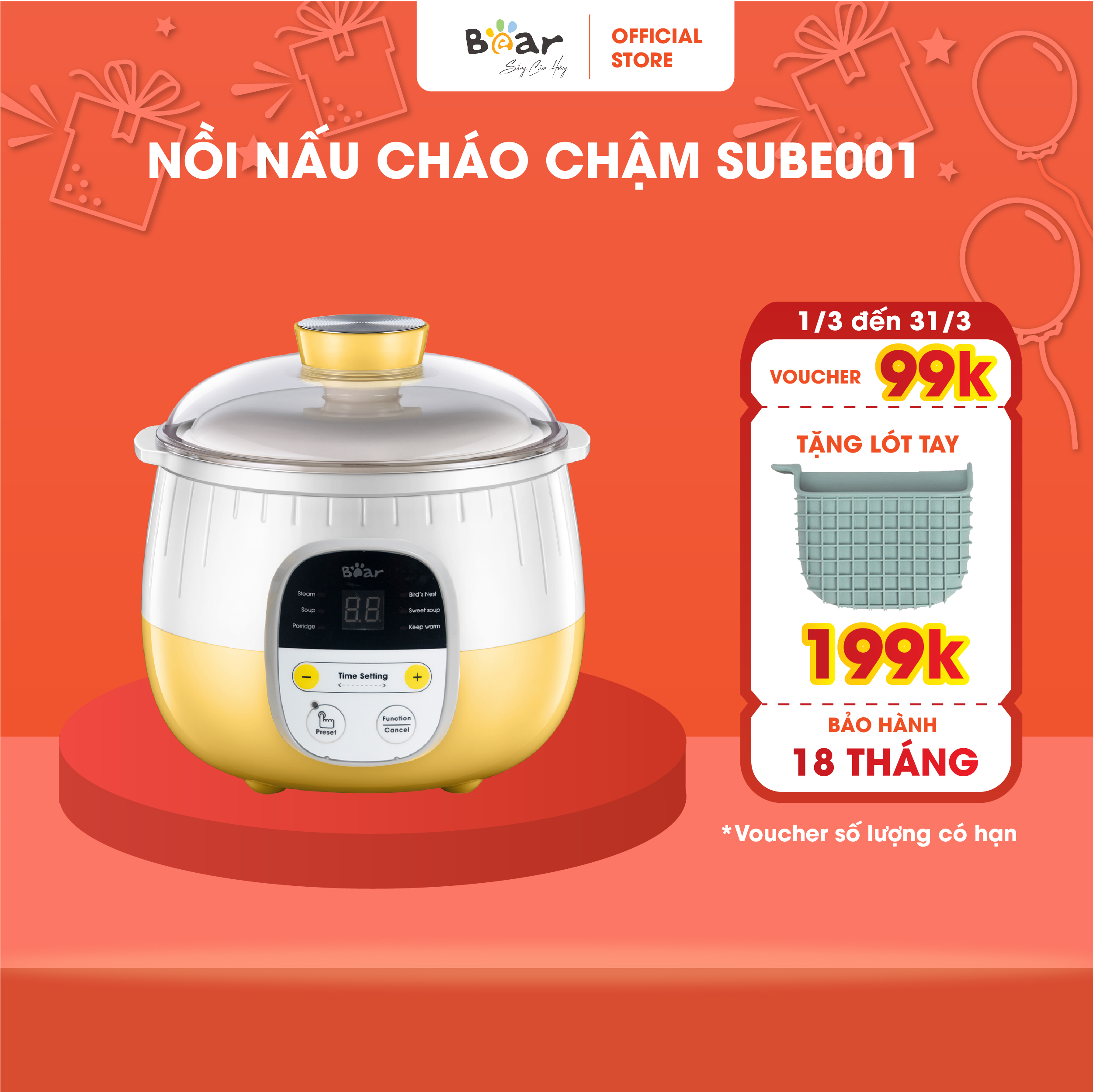 Nồi nấu chậm 0.8L SUBE001.01 - Có lồng hấp (Hàng chính hãng)