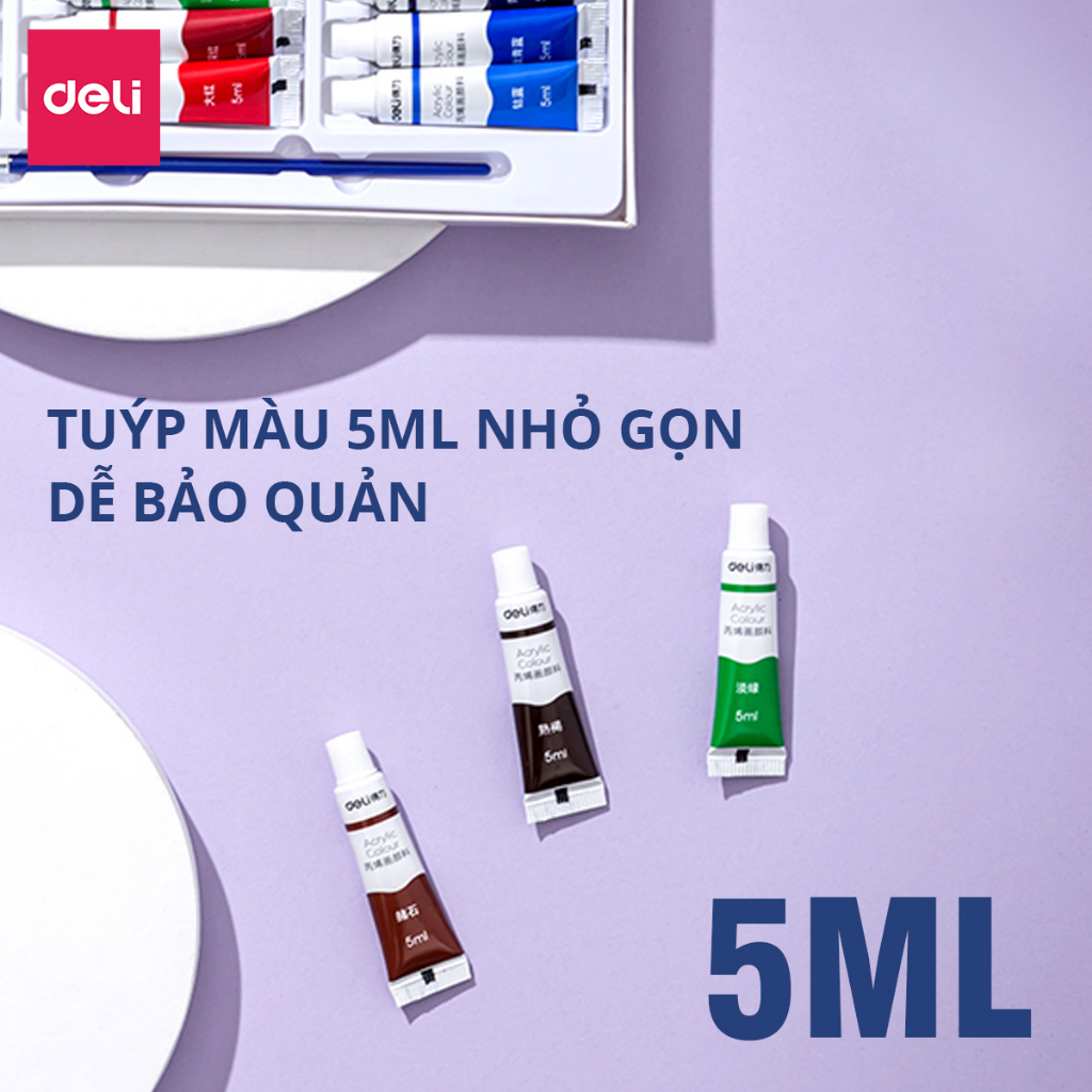 Màu Acrylic tuýp mini chuyên nghiệp Deli - 5ml/tuýp - Vẽ vải / Vẽ quần áo / Vẽ giày - 12/18/24 màu