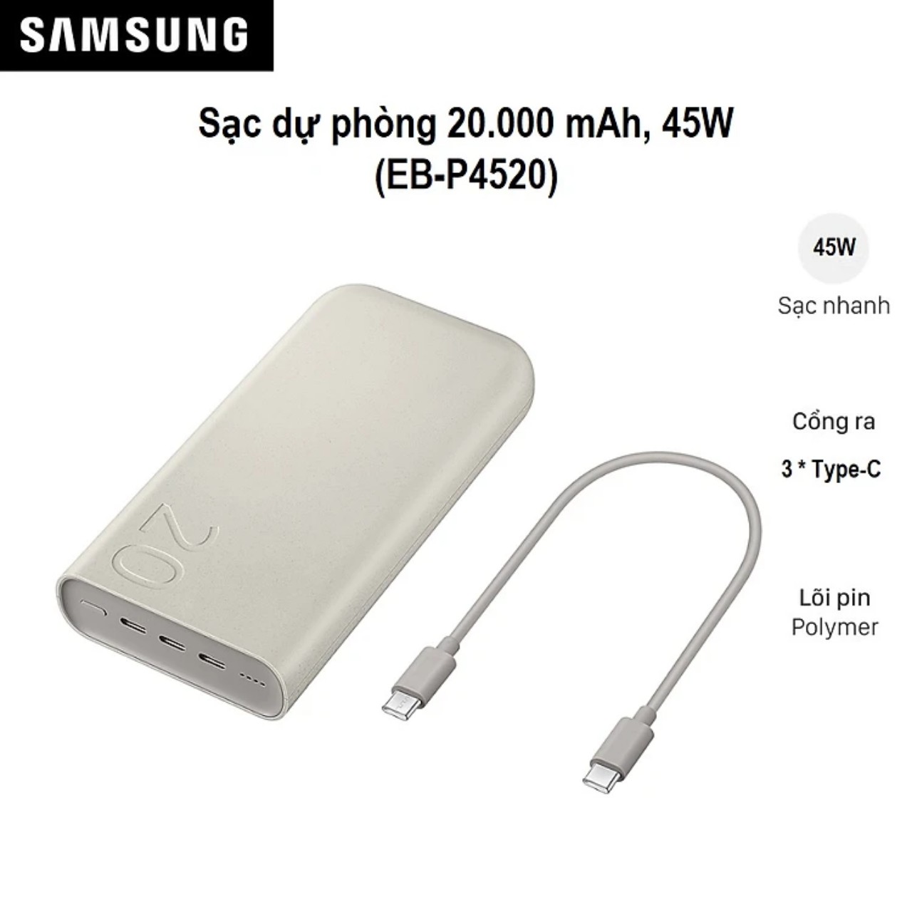 Pin sạc dự phòng Samsung EB-P4520X 20000 mAh 45W-hàng chính hãng