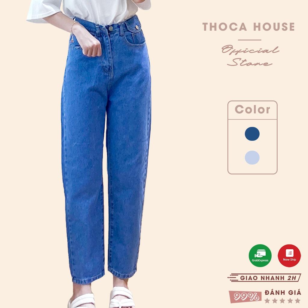 Quần jeans nữ baggy lai nấp lưng xanh đậm, nhạt THOCA HOUSE có size, thoải mái mặc đi làm, đi học cực xinh
