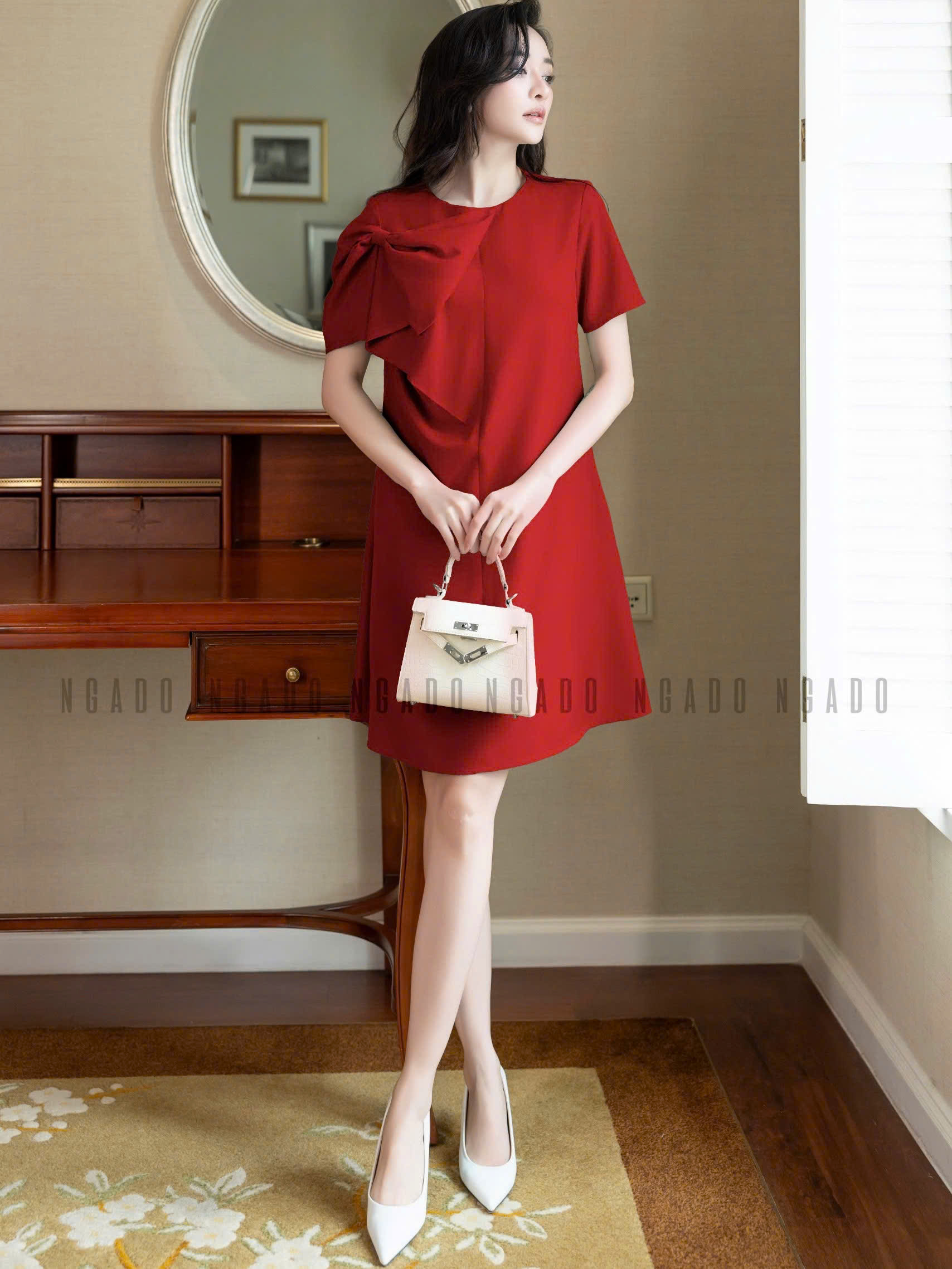 Đầm đỏ nơ tay NGADO , đầm suông , đầm Nữ , đầm công sở, dự tiệc