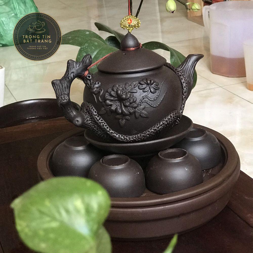 Bộ Ấm Chén Trà Đạo Gốm Tử Sa Bát Tràng Đắp Nổi Hoa Phù Dung Dáng Thủy Bình Dung Tích 400ml ATSML 02.2