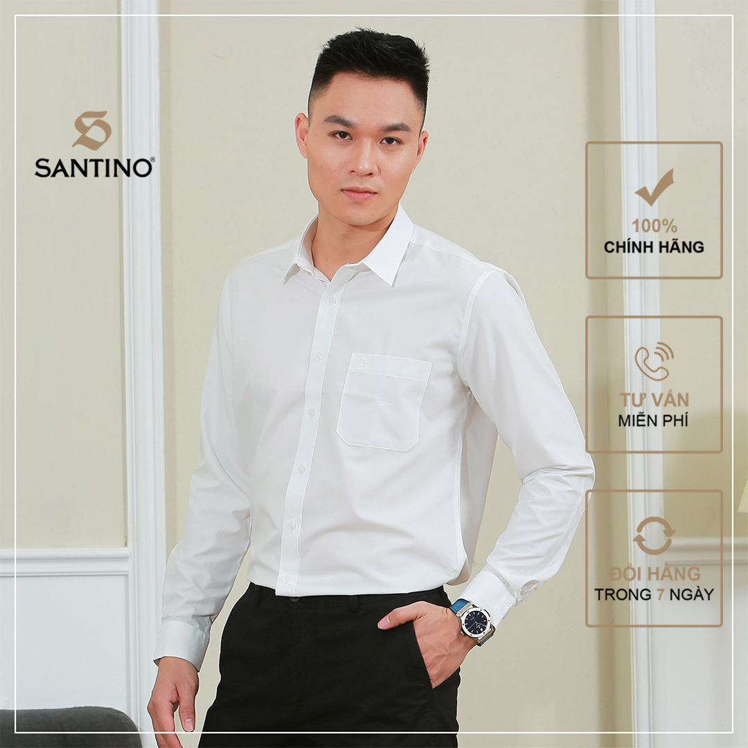 Hình ảnh Áo sơ mi nam trắng ngà trơn dài tay Santino chất liệu gỗ sồi dáng slim sang trọng ASD495M104