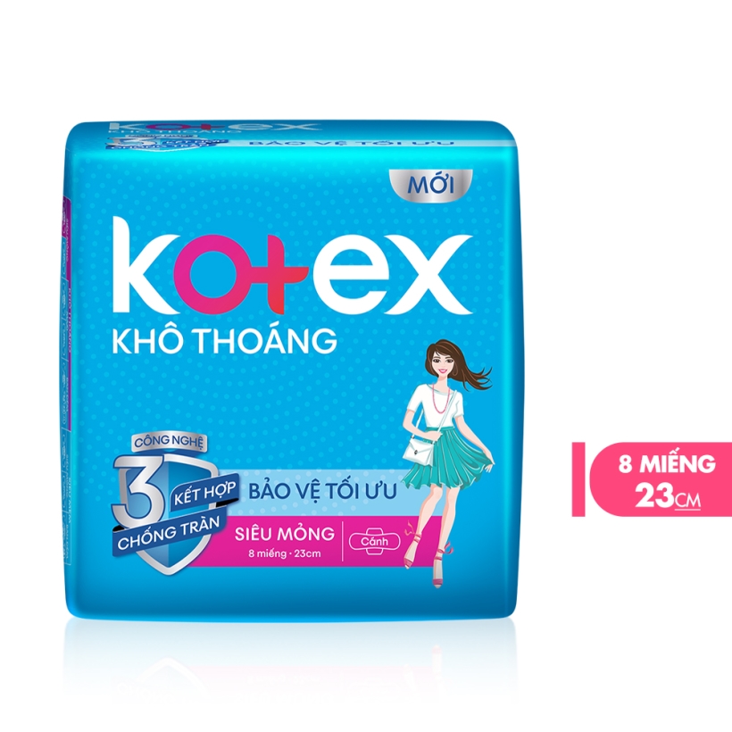 Combo 8 Gói Băng vệ sinh Kotex khô thoáng siêu mỏng cánh 23cm (8 miếng/gói)